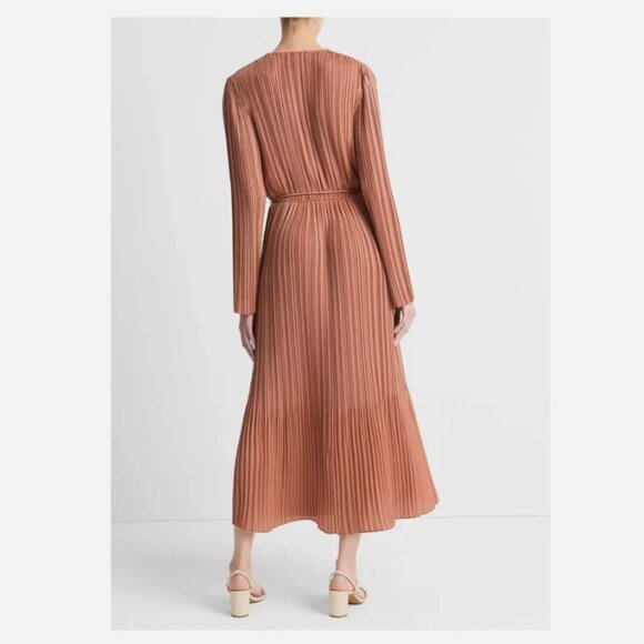 Vince Pleated Satin Long-Sleeve Midi Dress - Picture 6 of 11